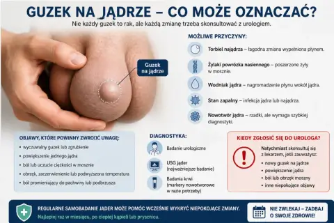 Guzek na jądrze może oznaczać różne rzeczy, w tym nowotwór jądra. Obraz pokazuje guzek na jądrze i wymienia objawy, przyczyny i diagnostykę.
