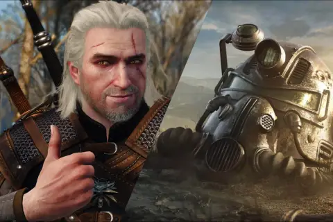 Geralt z Rivii i hełm z gry Fallout. Dwa światy, wiele niezapomnianych cytatów z gier.