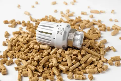 Termostat grzejnikowy leży na stercie premium selection pellets.