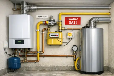 Instalacja gazowa w domu 150m2: kocioł, licznik, czujnik gazu i bojler.