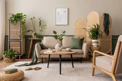 Przytulny salon w odcieniach beżu. Sofa, fotel i dywan tworzą ciepłą atmosferę. Wnętrze zdobią rośliny i rattanowe meble.