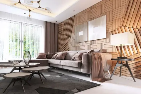 Nowoczesny salon z sofą i stolikami kawowymi. Ściana z drewna w geometryczne wzory to stara boazeria w nowej odsłonie.