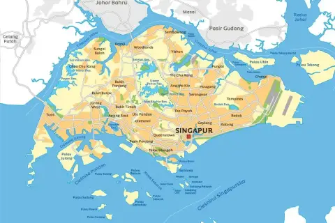 Mapa pokazuje, gdzie leży Singapur, otoczony przez Malezję i Indonezję, z licznymi wyspami i cieśninami.