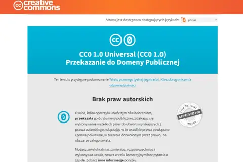 Logo Creative Commons i ikona CC0 z napisem "Przekazanie do Domeny Publicznej".