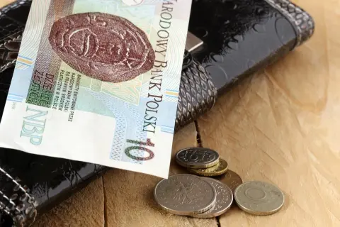Portfel z banknotem 10 zł i monetami. Zastanawiasz się, skąd wziąć pieniądze?