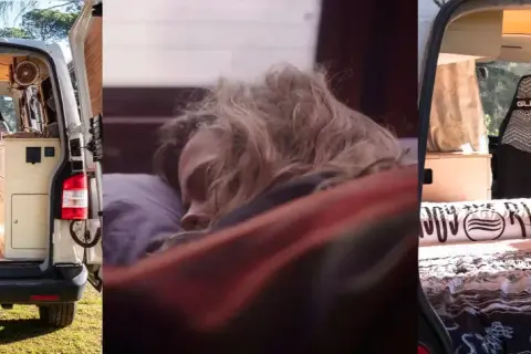Persona durmiendo plácidamente en una furgoneta sin camperizar, lista para la aventura.