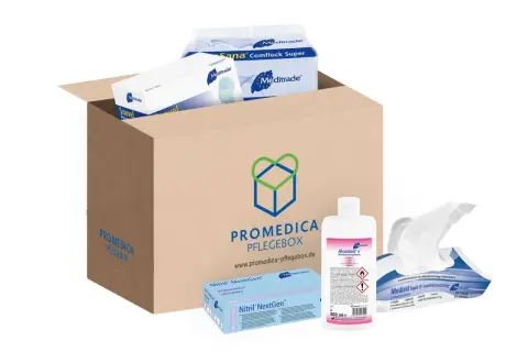 Der Inhalt der Pflegebox: Handschuhe, Desinfektionstücher, Handdesinfektionsmittel und Masken.