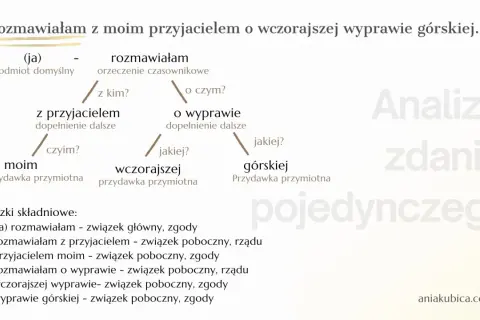 Karta pracy: analiza zdania pojedynczego. Wykres rozbiera zdanie "Rozmawiałam z moim przyjacielem o wczorajszej wyprawie górskiej." na części.