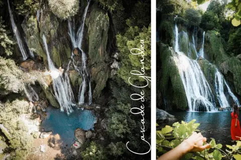 La cascade de Glandieu, un spectacle naturel impressionnant, se déploie en multiples bras d'eau sur une falaise verdoyante.