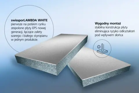 Dwie płyty styropianowe EPS, tworzące podwójny mur. Szary i biały styropian w jednym produkcie, zapewniający stabilność i wygodny montaż.