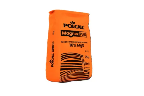 Pomarańczowy worek z napisem "POLCALC Magnez PLUS" zawiera wapno magnezowe granulowane 16% MgO, 25kg.