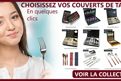 Une jeune femme sourit, tenant une cuillère et une fourchette. Le **marque menu** présente divers coffrets de couverts de table.