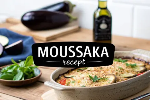 En ugnsbakad moussaka i en keramikform, med aubergine, tomater och örter. Texten "MOUSSAKA recept" syns tydligt.