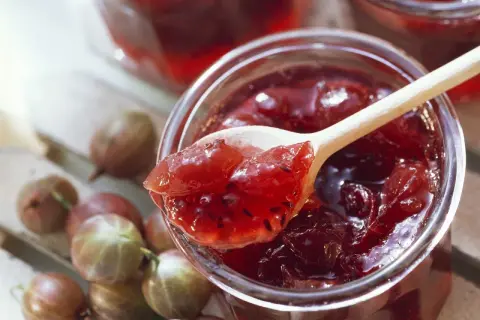 Ein Holzlöffel mit leckerer Stachelbeermarmelade ragt aus einem Glas. Frische Stachelbeeren liegen daneben.