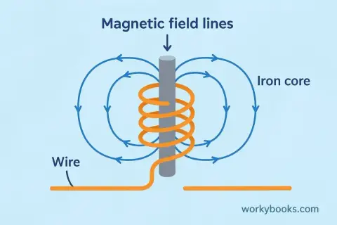 Schemat elektromagnesu z rdzeniem żelaznym, nawiniętym drutem i liniami pola magnetycznego.