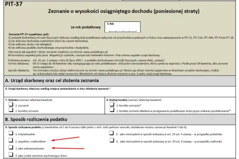 Formularz PIT-37. Czy osoba do 26 roku życia musi składać PIT? Tak, jeśli spełnia warunki. Zaznacz sposób rozliczenia: indywidualnie, z małżonkiem, jako wdowa/wdowiec lub samotnie wychowująca dzieci.