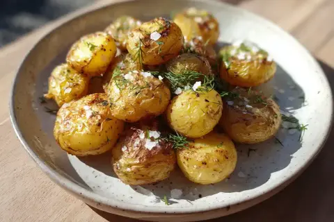 En tallrik med gyllene, krispiga potatisar tillagade i airfryer, toppade med färsk dill och flingsalt. Perfekt som tillbehör!