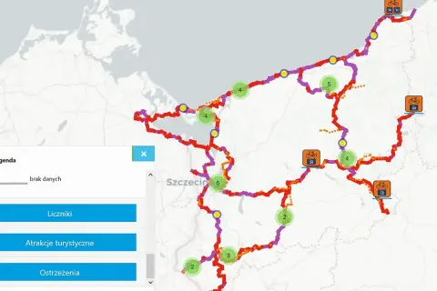 Mapa z zaznaczoną trasą rowerową pojezierzy zachodnich, z punktami widokowymi i atrakcjami turystycznymi.