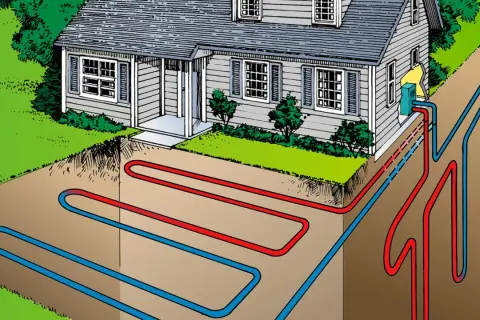Ilustración de una casa con tuberías rojas y azules enterradas, mostrando que es la geotermia y cómo funciona extrayendo calor del subsuelo.