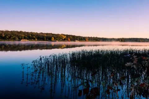 Poranek nad jeziorem, mgła unosi się nad wodą, drzewa w jesiennych barwach tworzą malowniczy krajobraz, niczym szwajcarskie Kaszuby.