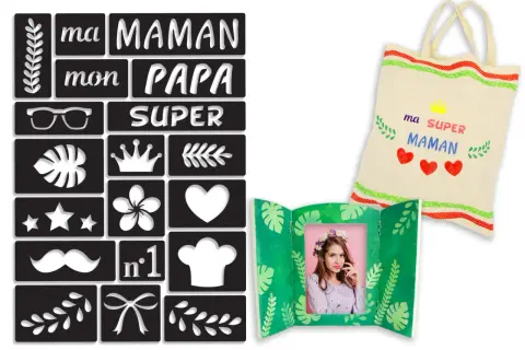 Ensemble de pochoirs pour personnaliser un sac et un cadre photo. Idéal pour apprendre comment utiliser un pochoir et créer un cadeau unique pour "ma SUPER MAMAN".