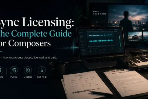 A composer's guide to sync licensing, showing a studio setup with a laptop displaying audio software, a keyboard, and contracts. Learn what is a sync.