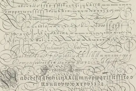 A page of elaborate, decorative cursive script, showcasing the alphabet and various letter combinations. This is a masterclass in penmanship, ever so elegant.