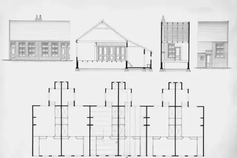 Rysunek architektoniczny przedstawia przekroje i rzuty budynku, ukazując jego powierzchnię całkowitą i detale konstrukcyjne.