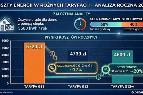 Wykres porównujący roczne koszty energii elektrycznej w różnych taryfach (G11, G12, G12w) dla domu z pompą ciepła.