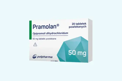 Opakowanie leku Pramolan 50 mg. Przed zastosowaniem należy zapoznać się z ulotką, by poznać potencjalne pramolan skutki uboczne.