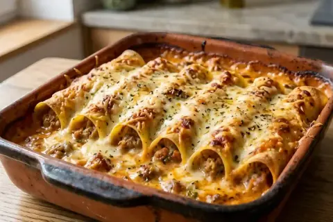 Cannellonis farcis à la viande, gratinés au fromage fondant, prêts pour la cuisson. Un délice à savourer.