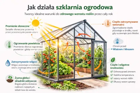 Szklarnia ogrodowa z dojrzałymi pomidorami i sałatą, ilustrująca działanie promieni słonecznych, ogrzewanie, wilgotność i ochronę przed zimnem.