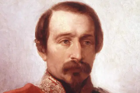 Portrait en buste de Louis Bonaparte, empereur des Français, avec sa moustache distinctive et une tenue militaire ornée.