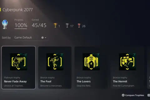 Cyberpunk 2077 trofea: 100% ukończenia, platynowe "Never Fade Away" i wiele innych.
