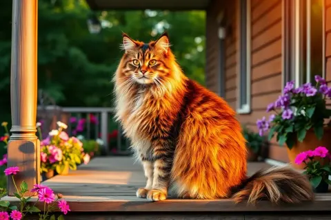 Majestatyczny maine coon o rudym futrze siedzi na werandzie, otoczony kwitnącymi kwiatami.