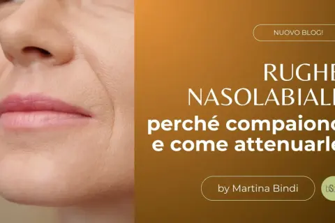 Primo piano del viso con labbra e naso, evidenziando le rughe nasolabiali. Articolo su come attenuarle.