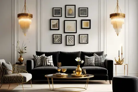 Salon chic avec canapé noir, coussins graphiques et lustres dorés. Une ambiance **déco antillaise à faire soi même** avec des touches dorées et des cadres artistiques.