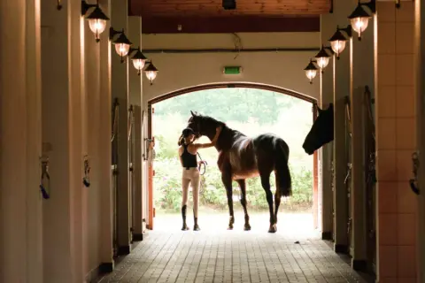 W ośrodku jeździeckim Golden Horse młoda kobieta pieści konia przy wyjściu z boksu.