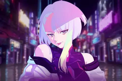 Lucy z Cyberpunk: Edgerunners, w neonowym mieście, z fioletowymi oczami i włosami w odcieniach różu i żółci.