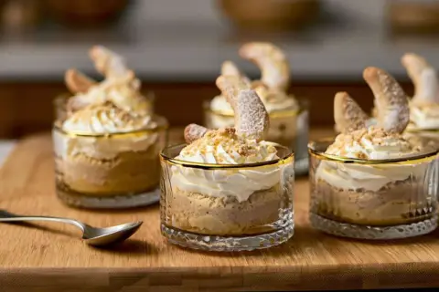 Leckeres Vanillekipferl Dessert im Glas, garniert mit Sahne und Keksbröseln. Ein süßer Genuss für jeden Anlass.