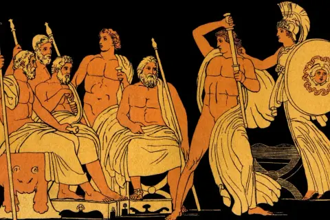 Scène de la mythologie grecque : des hommes barbus assis, un guerrier armé et Athéna avec son bouclier.