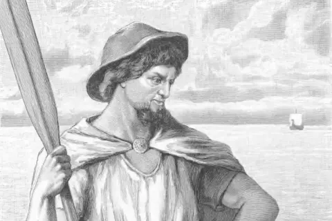 Fakta om Frej: en nordisk gud med skägg och hatt, håller en åra. I bakgrunden syns ett fartyg på havet.