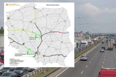 Mapa autostrad w Polsce z zaznaczonymi odcinkami i korkiem na autostradzie.