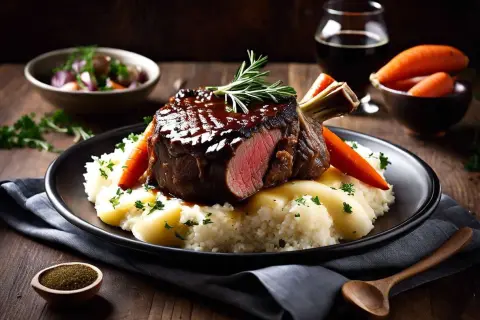 Un succulent jarret de boeuf, nappé de sauce, servi sur une purée onctueuse, accompagné de carottes et d'une touche de romarin.
