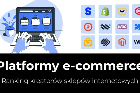Grafika przedstawia laptop z wyświetlonymi torebkami, obok ikony popularnych platform ecommerce.