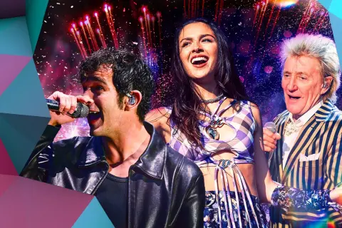 Matty Healy, Olivia Rodrigo, and Rod Stewart perform on stage with fireworks in the background, a vibrant montage celebrating BBC Glastonbury.