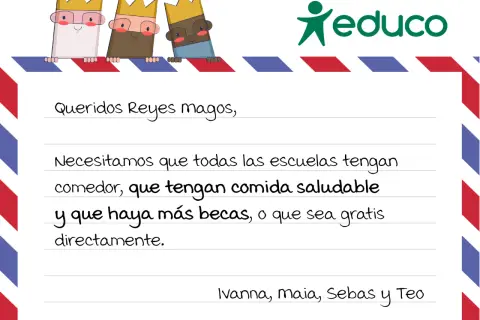 Ilustración de tres Reyes Magos con una carta escrita a mano y el logo de "Reduco".