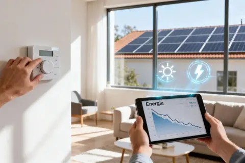 Persona ajusta termostato mientras tablet muestra gráfico de energía y paneles solares en tejado, indicando gestión de excedentes PVPC.