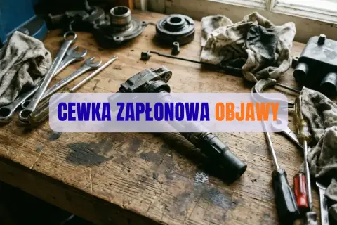 Warsztat samochodowy z narzędziami i tekstem "CEWKA ZAPŁONOWA OBJAWY".
