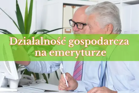 Dwóch starszych panów przy biurku, jeden w okularach, analizuje coś na komputerze. Działalność gospodarcza na emeryturze kwitnie.